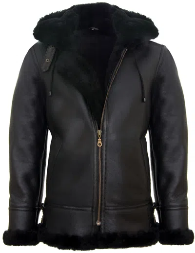 Pre-owned Infinity Men's Genuine Sheepskin Flying Jacket Classic Hooded Bomber B3 Aviator Black