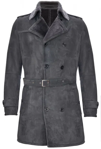 Pre-owned Infinity Men's Grey German Military Double Breasted Real Sheepskin Suede Leather Pea Coat In Gray