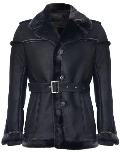 Pre-owned Infinity Men's Merino Black Snowtip Real Sheepskin Suede Leather Jacket With Tie Belt