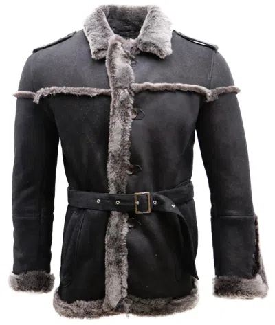 Pre-owned Infinity Men's Merino Black Snowtip Sheepskin Suede Jacket With Tie Belt