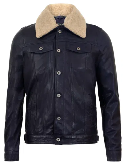 Pre-owned Infinity Men's Navy Leather Jacket Trucker Removable Sheepskin Collar Casual Jeans In Blue