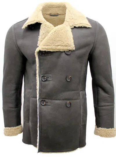 Pre-owned Infinity Men's Olive Khaki Double Breasted Real Sheepskin Pea Coat