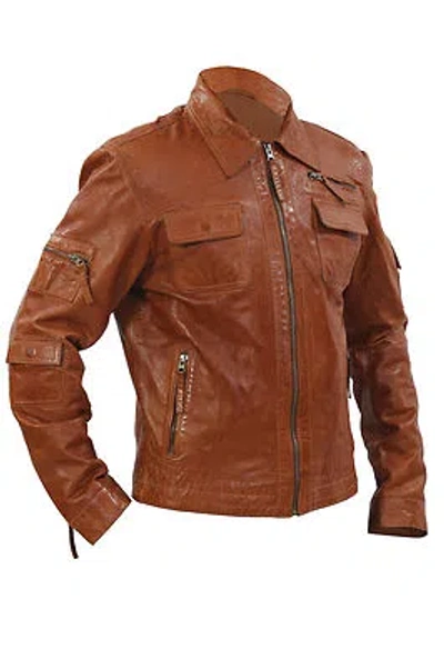 Pre-owned Infinity Men's Real 100% Sheepskin Tan Leather Multi-pocket Biker Jacket In Brown
