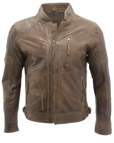 Pre-owned Infinity Men's Retro Biker Sheepskin Brown Nappa Leather Jacket