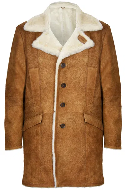 Pre-owned Infinity Men's Tan Brown 3/4 Warm Merino Genuine Leather Sheepskin Trench Reefer Coat