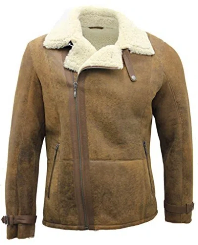 Pre-owned Infinity Men's Tan Double Breasted Real Sheepskin Biker Jacket In Brown