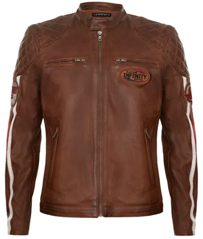 Pre-owned Infinity Men's Tan Leather Biker Jacket Vintage Motorbike Striped Badged Racing Jacket In Brown