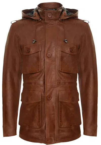 Pre-owned Infinity Men's Tan Leather Classic Hooded Overcoat Trench Multi-pocket Jacket In Brown