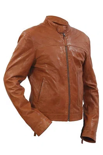 Pre-owned Infinity Men's Tan Retro Biker Lambskin Leather Slim Fit Jacket In Brown