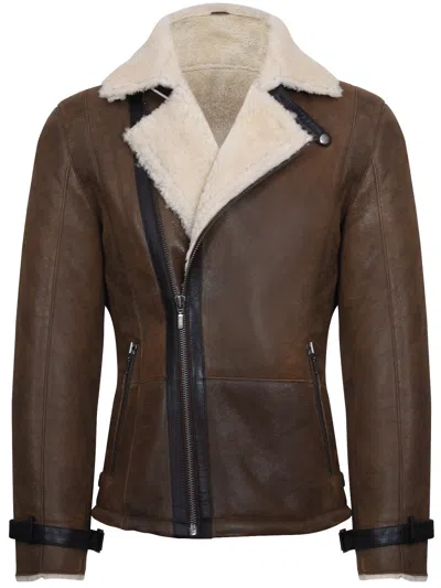 Pre-owned Infinity Men's Tan Retro Double Breasted Real Sheepskin Shearling Biker Leather Jacket In Brown