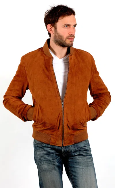 Pre-owned Infinity Men's Varsity Tan 100% Suede Bomber Jacket In Brown