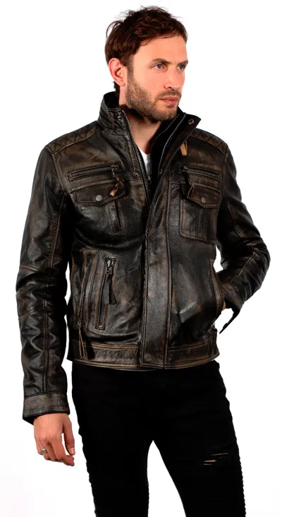Pre-owned Infinity Men's Vintage Black 100% Leather Brando Style Biker Jacket