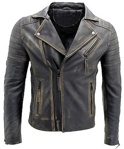 Pre-owned Infinity Men's Vintage Black Slim Fit Brando Double Cross Zip 100% Leather Biker Jacket