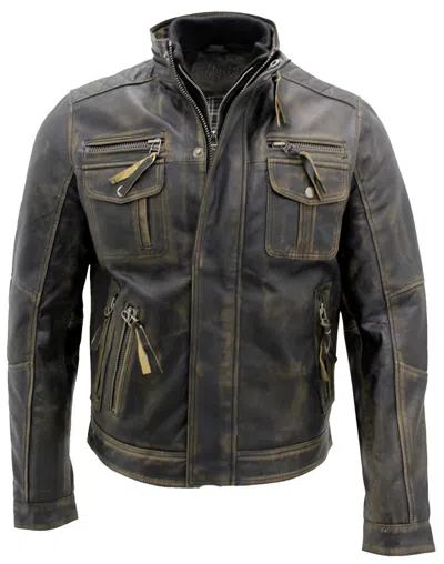 Pre-owned Infinity Men's Vintage Black Warm 100% Leather Retro Biker Jacket Distressed Motorcycle
