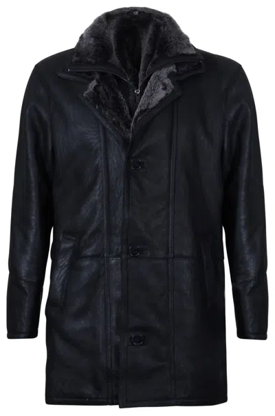 Pre-owned Infinity Men's Warm Black Nappa Leather Shearling Sheepskin Coat