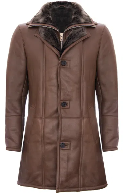 Pre-owned Infinity Men's Warm Brown Nappa Leather Shearling Sheepskin Trench Pilot Jacket Coat