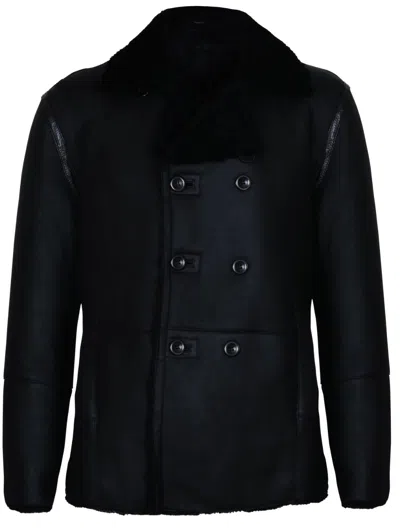 Pre-owned Infinity Mens Black German Double Breasted Real Sheepskin Shearling Leather Jacket Coat