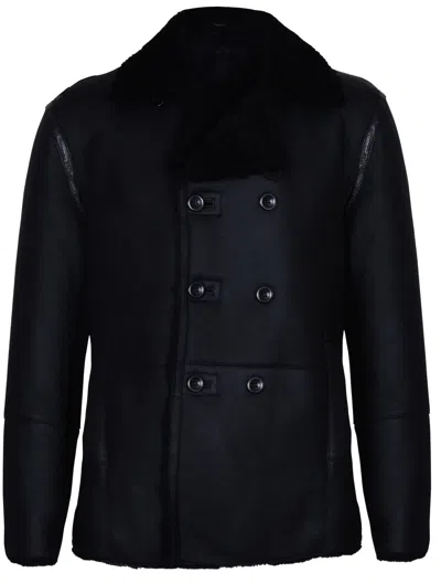 Pre-owned Infinity Mens Black German Double Breasted Real Sheepskin Shearling Leather Jacket Coat