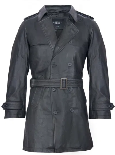 Pre-owned Infinity Mens Black German Military Ww2 Vintage Long Trench Coat Genuine Leather Jacket