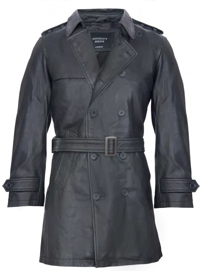 Pre-owned Infinity Mens Black German Military Ww2 Vintage Long Trench Coat Genuine Leather Jacket