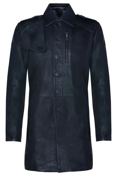 Pre-owned Infinity Mens Black Leather Trench Coat Genuine Classic Retro Long Jacket