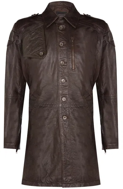 Pre-owned Infinity Mens Brown Leather Trench Coat Genuine Classic Retro Long Jacket