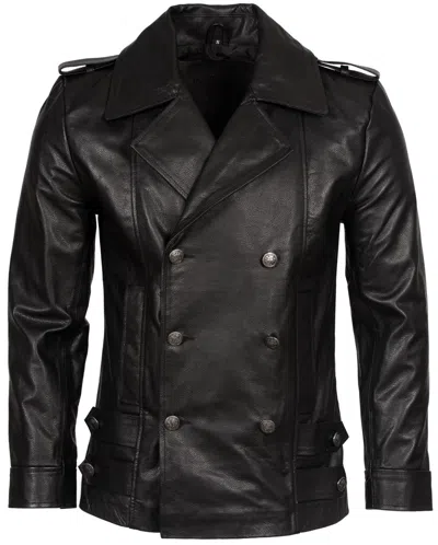 Pre-owned Infinity Mens Classic German Navy Military Peacoat Black Cowhide Leather Jacket In Blue