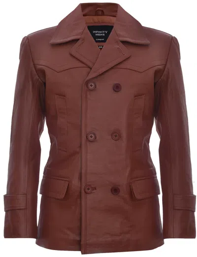 Pre-owned Infinity Mens Coniac Tan Cow Hide Leather Jacket Dr Who Naval German Pea Coat In Brown