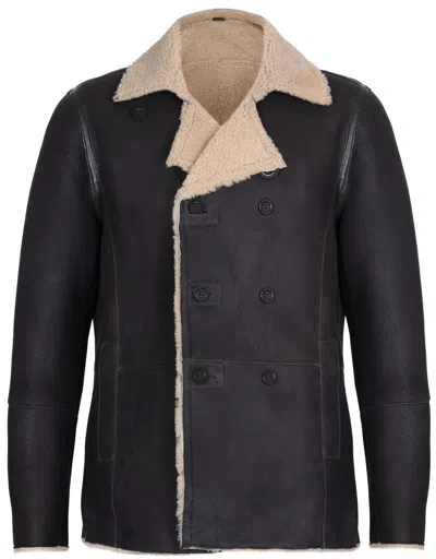 Pre-owned Infinity Mens Khaki German Double Breasted Real Sheepskin Shearling Leather Jacket Coat In Olive Khaki