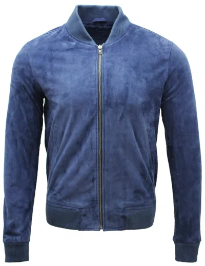 Pre-owned Infinity Mens Retro Ocean Blue 100% Genuine Soft Goat Suede Leather Bomber Varsity Jacket