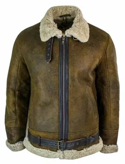 Pre-owned Infinity Mens Vintage Antique Sherling Sheepskin Cream Fur Air Force Pilot Raf Jacket In Brown