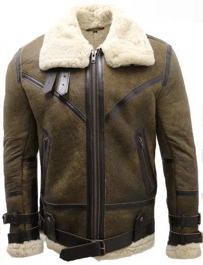 Pre-owned Infinity Mens Vintage Brown B3 Sheepskin Aviator Flying Leather Jacket In White