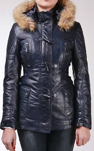 Pre-owned Infinity Navy Hooded Fur Ladies Retro Real Lambskin Nappa Leather Duffle Jacket Coat In Blue