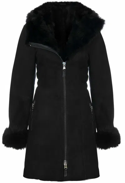 Pre-owned Infinity Women's Black Hooded Suede Merino Shearling Sheepskin Toscana Jacket Coat