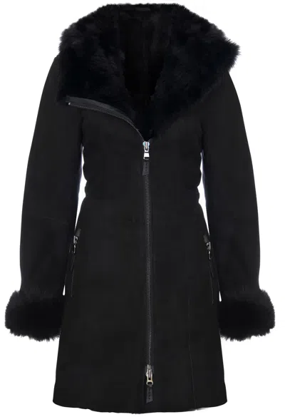 Pre-owned Infinity Women's Black Hooded Suede Merino Shearling Sheepskin Toscana Jacket Coat