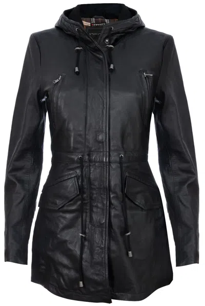 Pre-owned Infinity Women's Black Leather Hooded Parker Jacket Multi-pocket Trench Coat