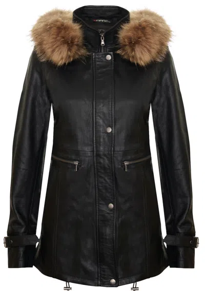 Pre-owned Infinity Women's Black Leather Jacket Detachable Hooded Parker Trench Coat