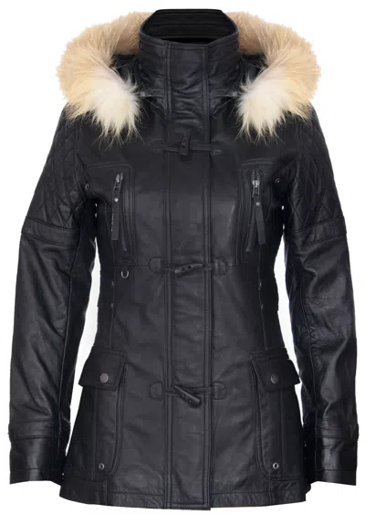 Pre-owned Infinity Women's Black Leather Parka Jacket Quilted Detachable Hooded Trench Jacket Coat