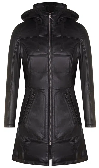 Pre-owned Infinity Women's Black Leather Puffer Jacket Quilted Detachable Hooded Trench Parka Coat