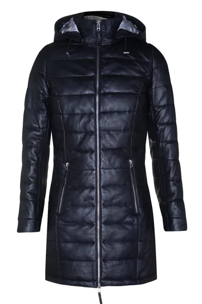 Pre-owned Infinity Women's Black Leather Puffer Jacket Quilted Overcoat Hooded Trench Parka Coat