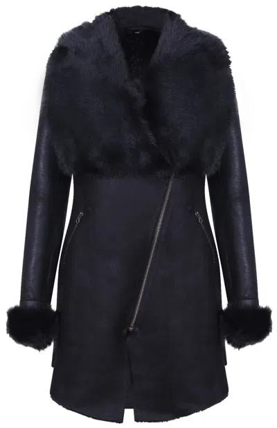 Pre-owned Infinity Women's Black Suede Merino Shearling Sheepskin Coat With Toscana Collar