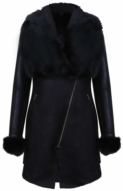 Pre-owned Infinity Women's Black Suede Merino Shearling Sheepskin Leather Coat With Toscana Collar