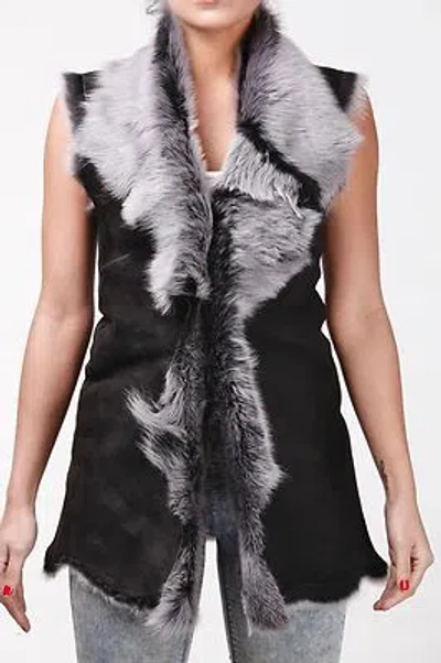 Pre-owned Infinity Women's Black With Grey Toscana Shearling Leather Sheepskin Waistcoat Gilet In Gray