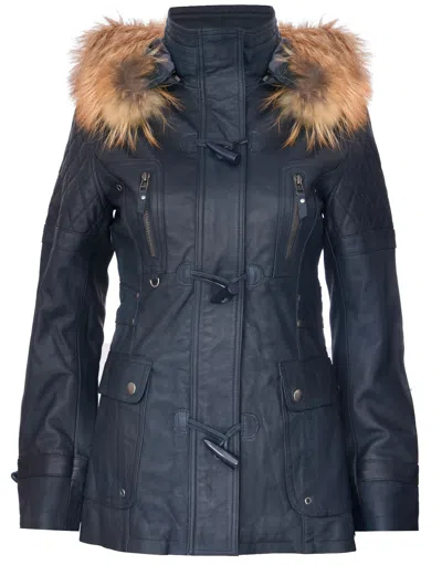 Pre-owned Infinity Women's Blue Leather Parka Jacket Quilted Detachable Hooded Trench Jacket Coat In Brown