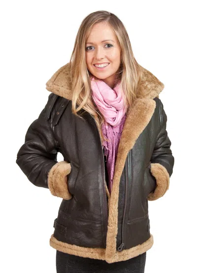 Pre-owned Infinity Women's Brown Hooded Sheepskin Flying Leather Jacket With Ginger Fur In Brown Ginger