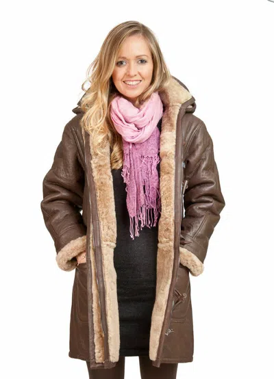 Pre-owned Infinity Women's Brown Long Winter Hooded Real Shearling Sheepskin Leather Duffle Coat