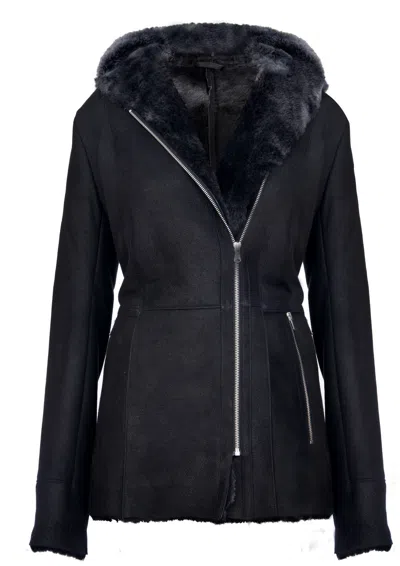 Pre-owned Infinity Women's Elegant Black Snowtip Hooded Suede Merino Shearling Sheepskin Coat