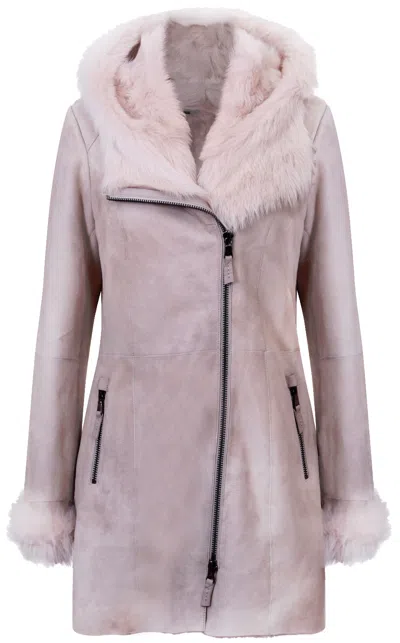 Pre-owned Infinity Women's Off-white Frost Grey Hooded Suede Merino Shearling Sheepskin Jacket