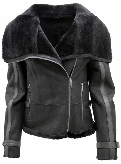 Pre-owned Infinity Women's Short Black Merino Sheepskin Aviator Leather Jacket