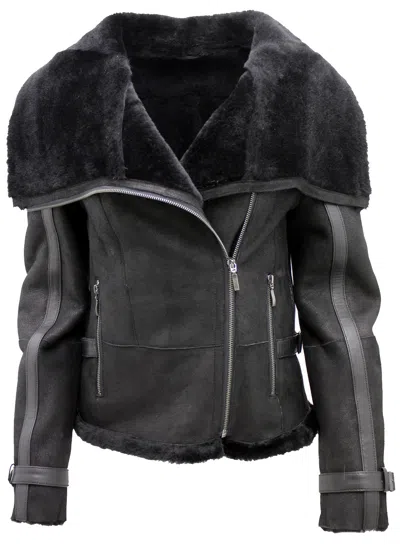 Pre-owned Infinity Women's Short Black Merino Sheepskin Aviator Leather Jacket